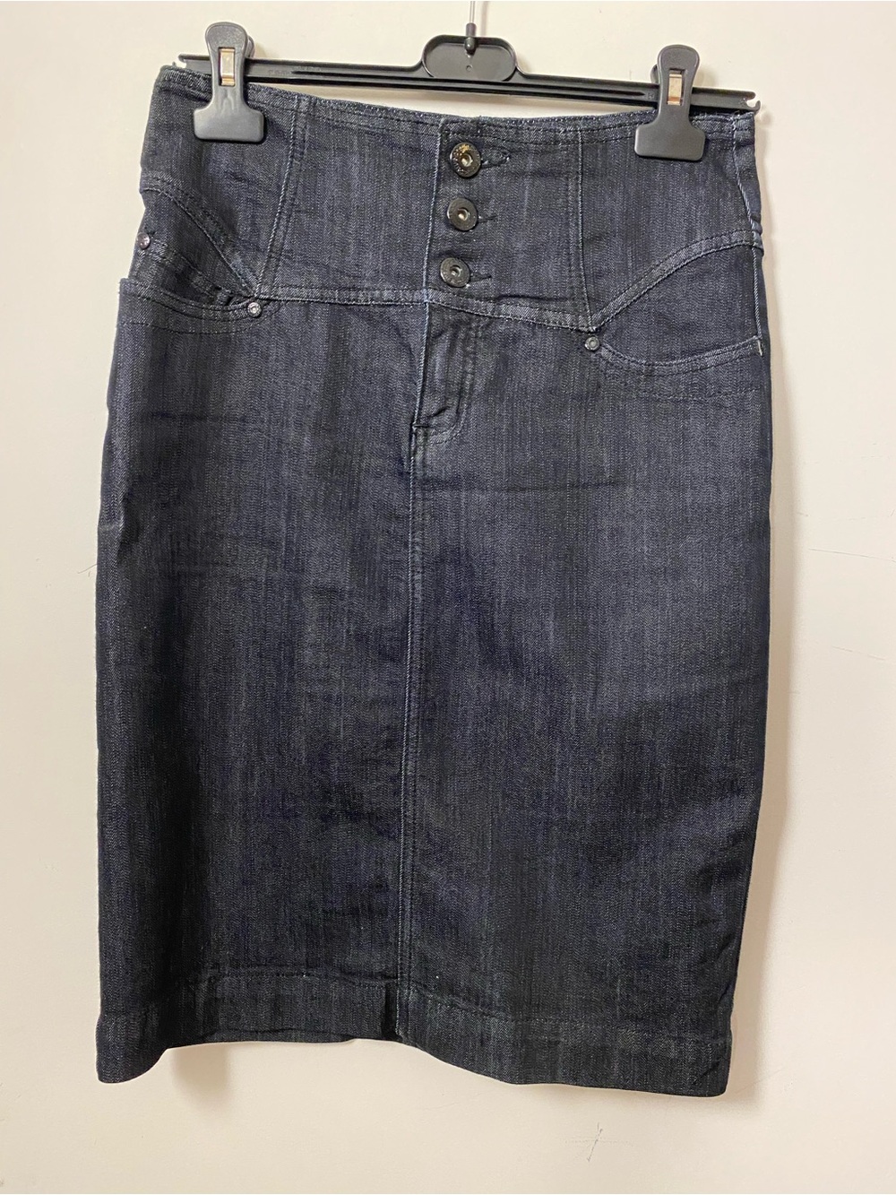 Dark Wash Denim Pencil Skirt with Button Front